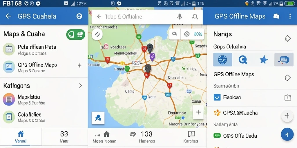 Antarmuka aplikasi FB168 untuk GPS Offline Maps dengan fungsi peta intuitif.