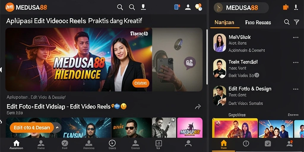 Tampilan antarmuka aplikasi MEDUSA88 untuk editing video reels yang menarik.